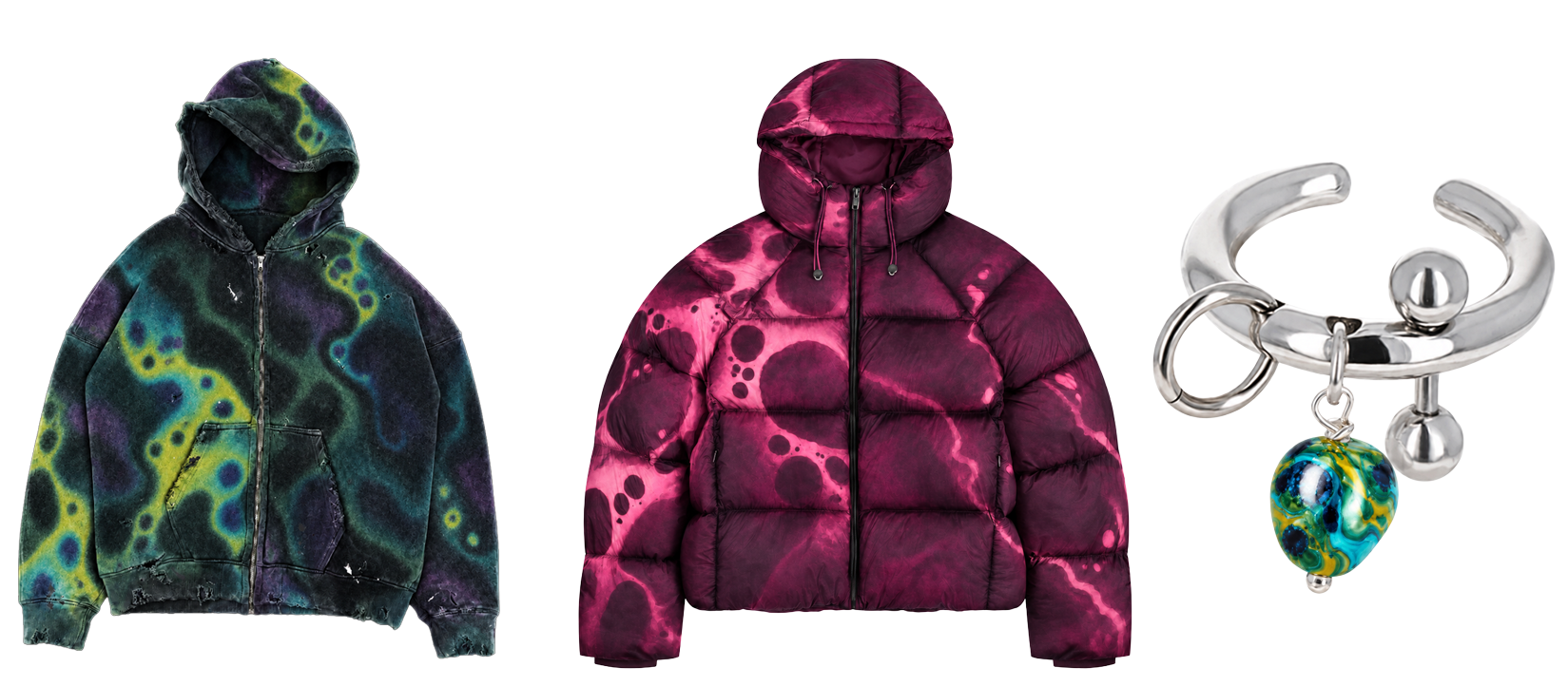 Fashion products: hoodie, puffer, jewelry